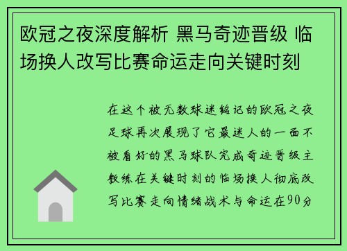 欧冠之夜深度解析 黑马奇迹晋级 临场换人改写比赛命运走向关键时刻